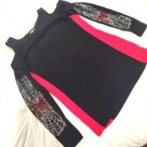 Bikers Den Stretch Open Shoulder & Neckline Bling Sleeve Spider And Web Shirt